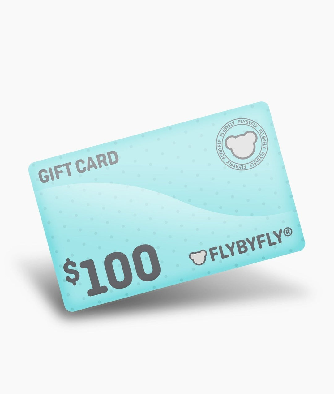 FLYBYFLY $100 digital gift card in light cyan blue with bear logo, instant email delivery