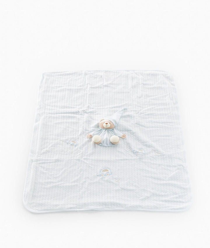 Unfolded square blue baby blanket with bear and embroidered car patterns