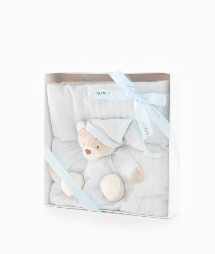 Blue 3D baby blanket in white gift box with FLYBYFLY branded ribbon
