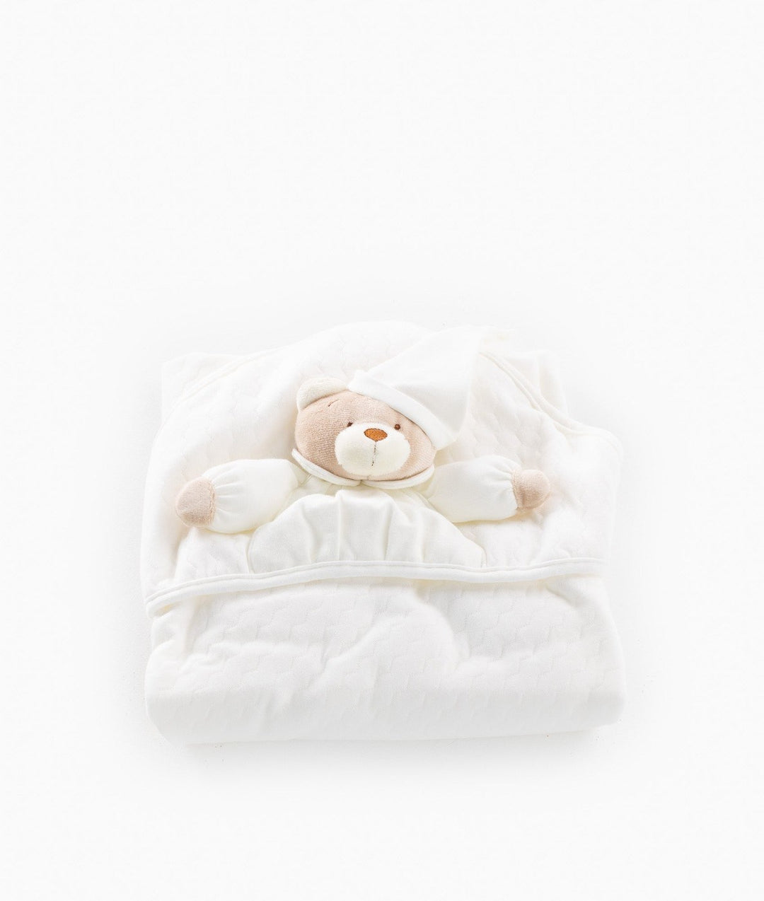 Soft plush texture of 3D beige bear head on folded white baby swaddle