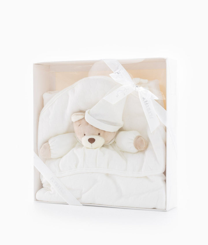 White 3D bear swaddle in clear gift box with branded ribbon packaging