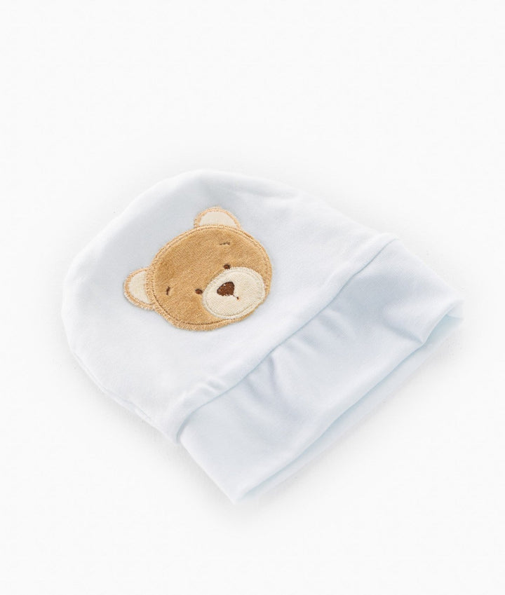 light blue baby cotton beanie with brown embroidered teddy bear face patch, soft folded cuff and smooth knit