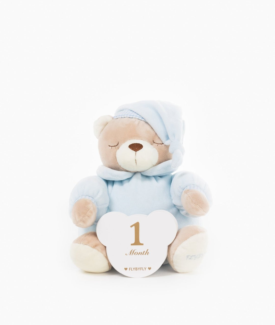 Front view of blue teddy bear holding '1 Month' bear-shaped milestone card