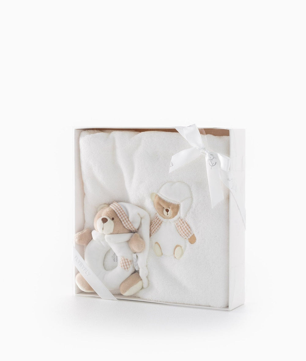 Beige and white cotton bath towel with bear applique gift set