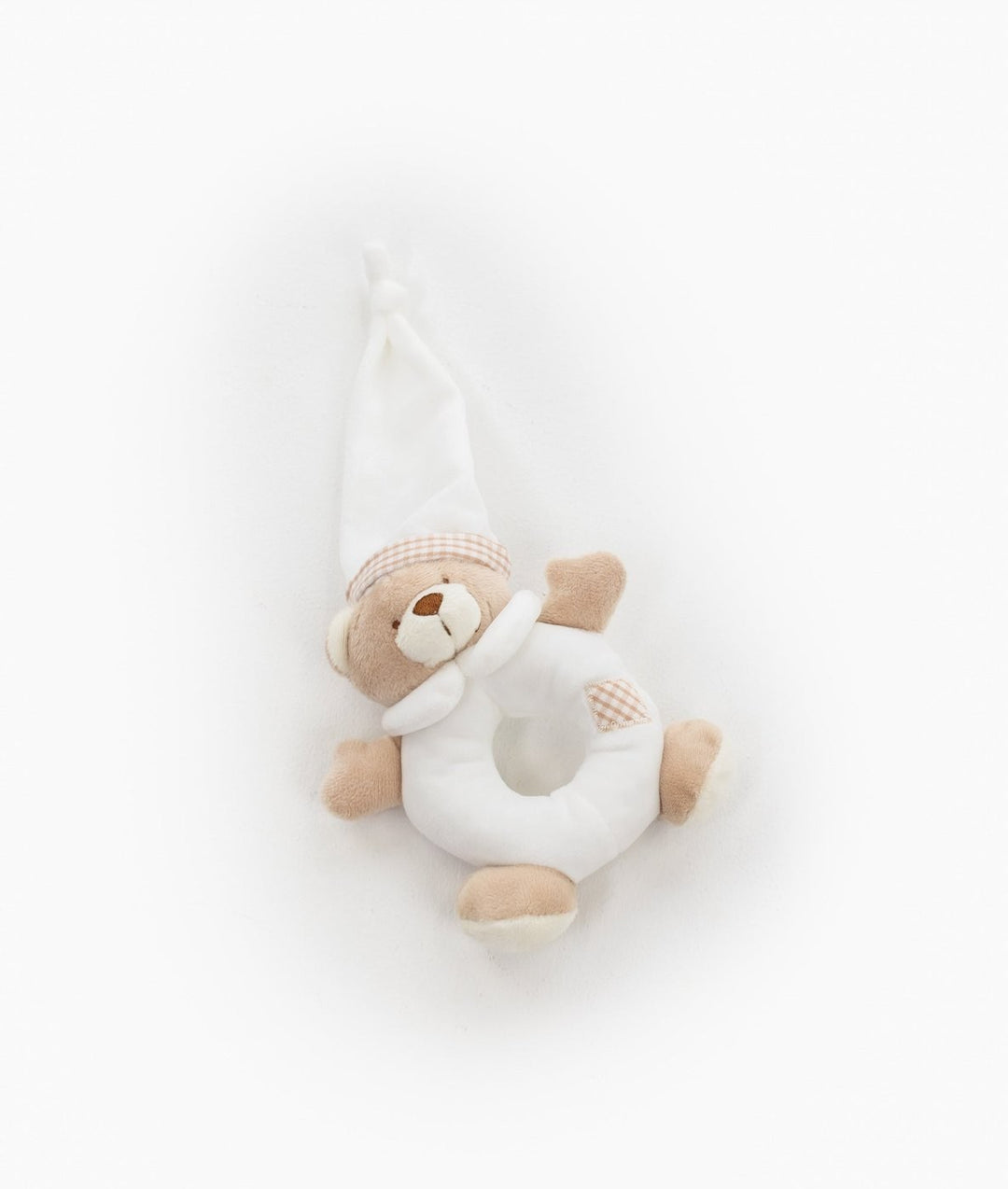 Plush beige bear rattle toy with pink gingham hat and grasping ring