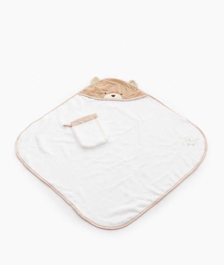 Full view of beige bear hooded towel set with tan checkered trim