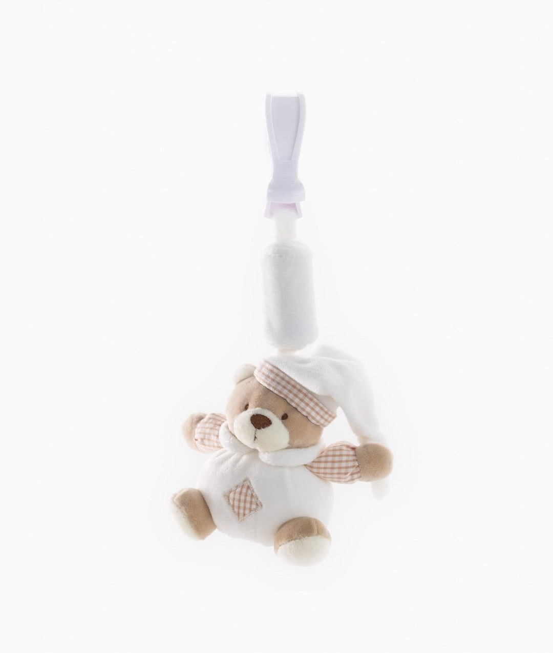 Hanging beige bear activity toy with soft plush texture and white plastic clip
