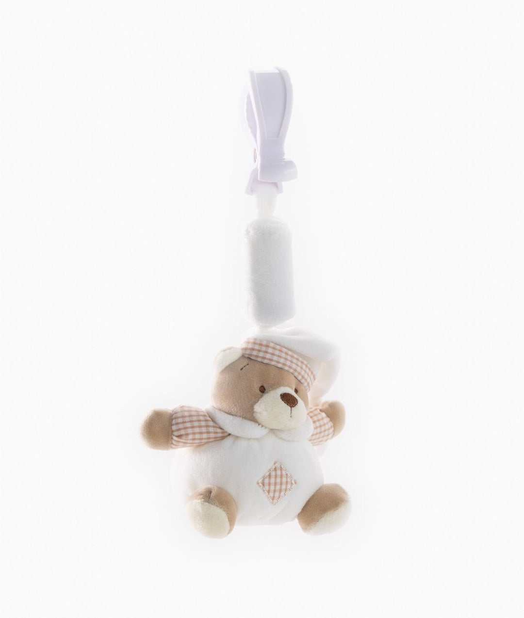 Front shot of beige bear clip on toy highlighting brown snout and pink checkered accents