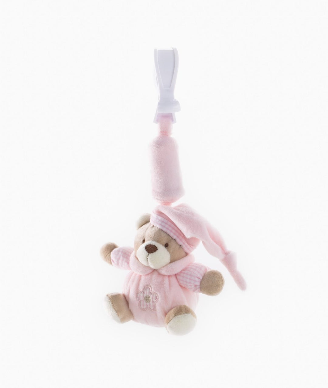 Pink plush bear clip-on toy with nightcap and onesie for prams
