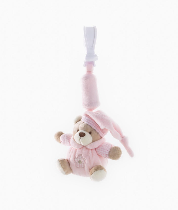Pink plush bear clip-on toy with nightcap and onesie for prams