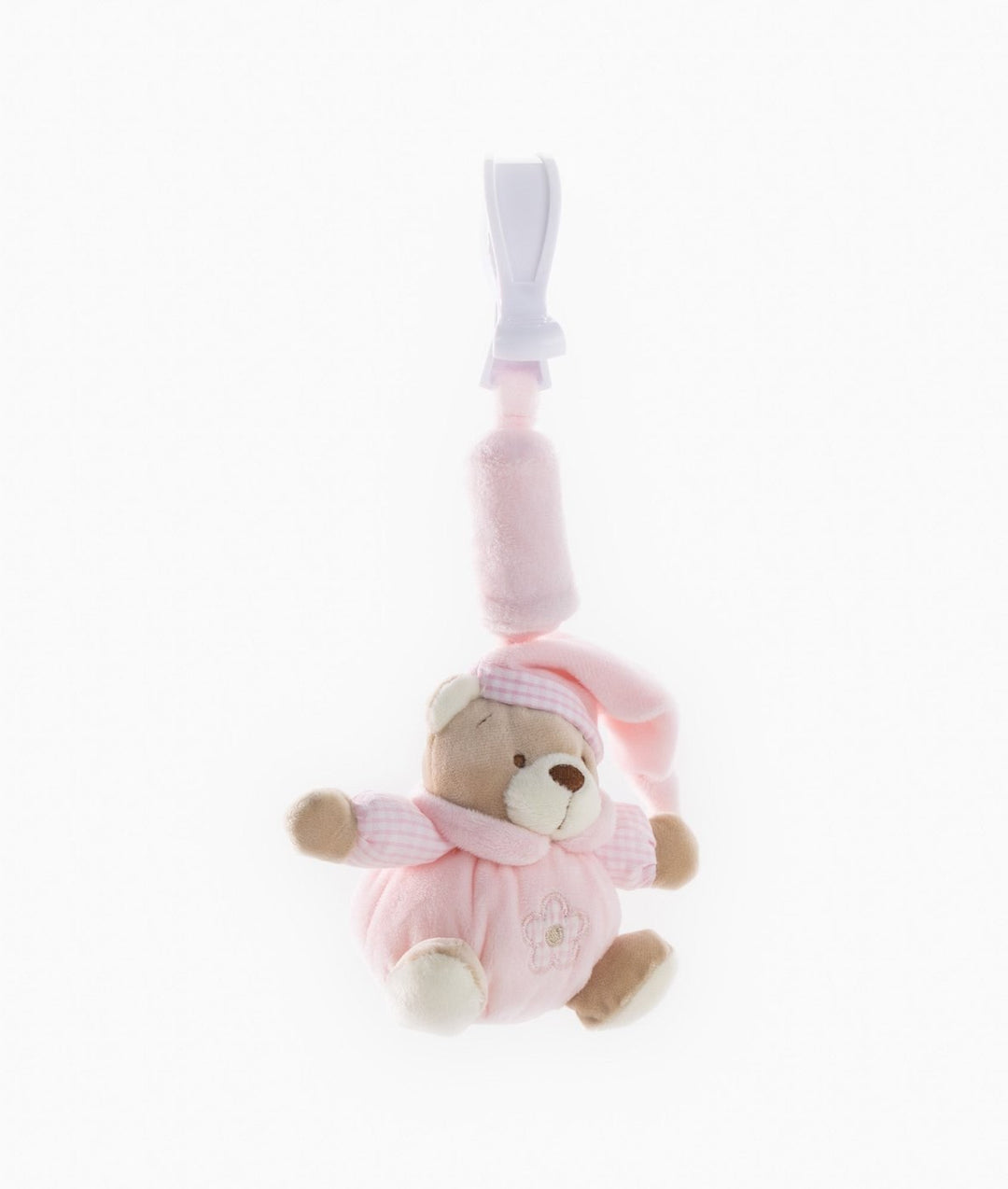 Soft texture of pink plush bear toy hanging from secure clip