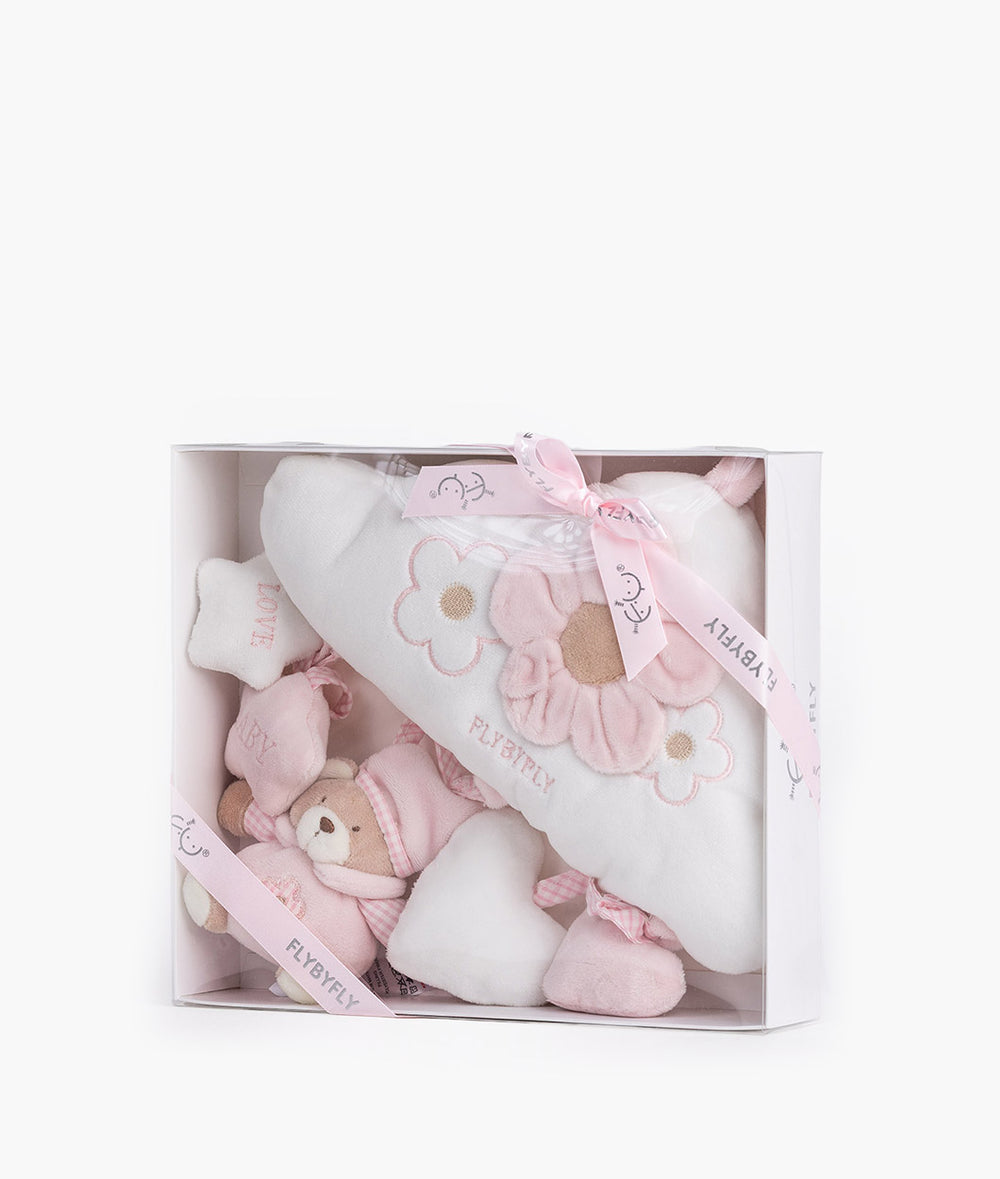 Pink bear and cloud activity toy set in white gift box with branded pink ribbon