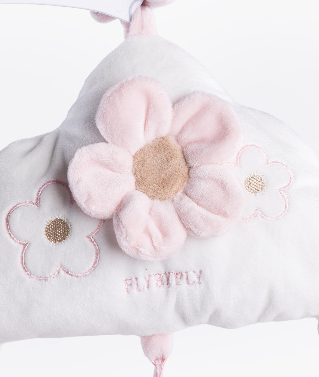 Close up of white cloud detail showing 3D pink flower applique and FLYBYFLY stitching