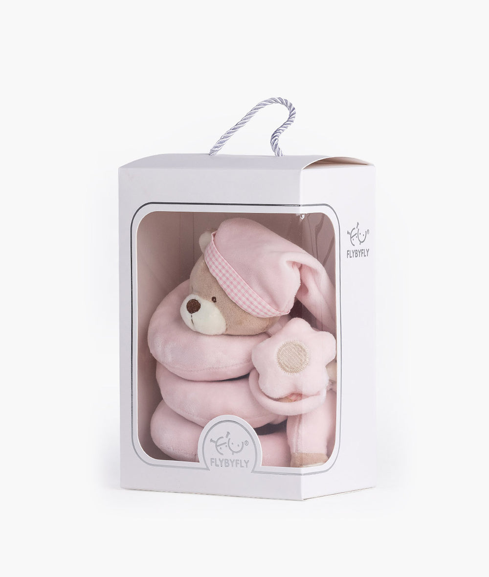 FLYBYFLY pink bear spiral activity toy in retail box with window showing plush design and rope handle