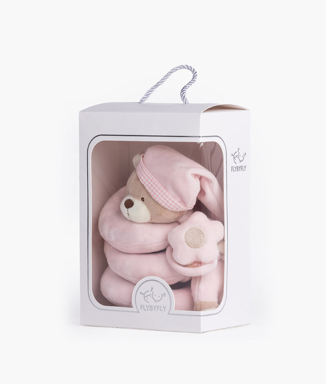 FLYBYFLY pink bear spiral activity toy in retail box with window showing plush design and rope handle
