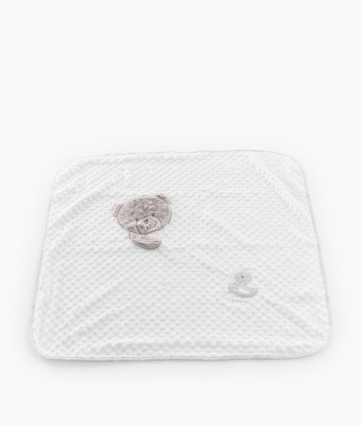 White minky dot blanket with grey teddy bear and duck patches