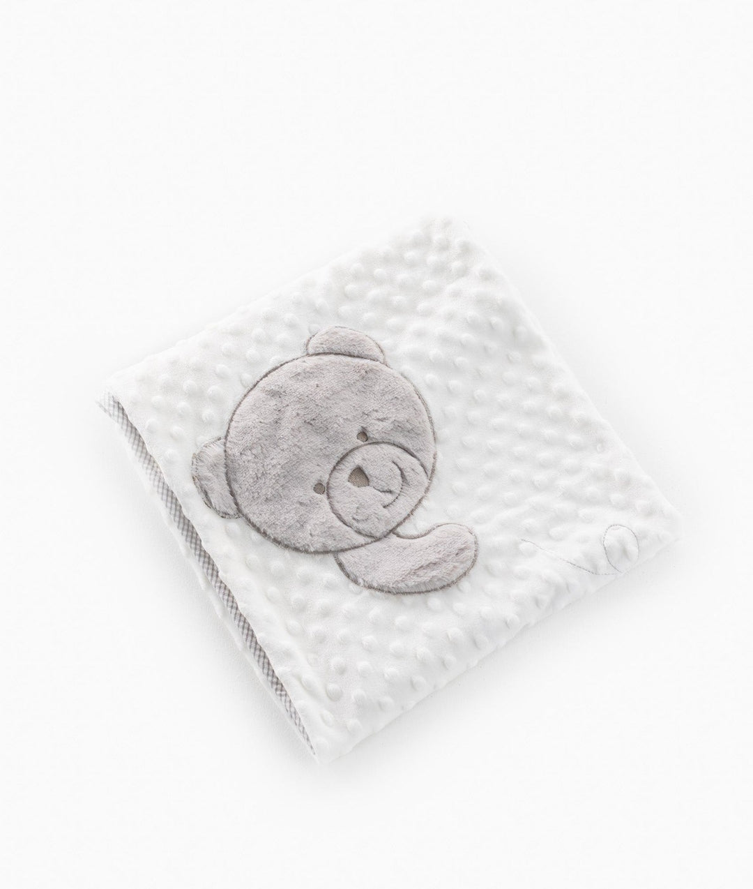 Grey and white bubble baby blanket with plush teddy bear applique