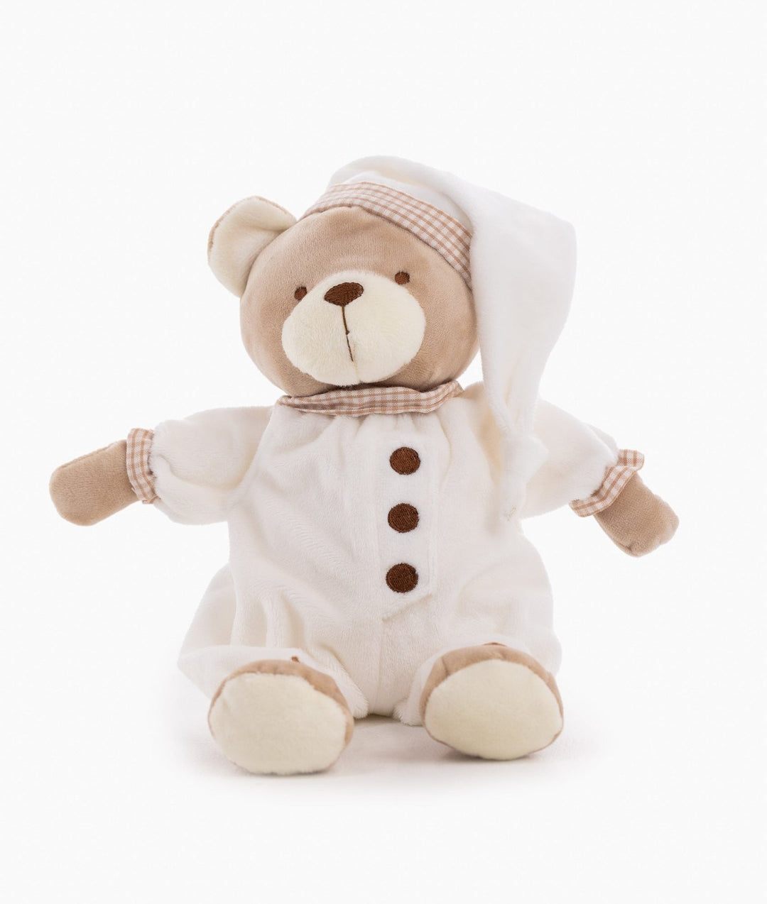 Full body Cuddle Bear sitting in white hooded onesie with tan gingham accents