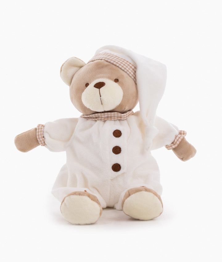 Full body Cuddle Bear sitting in white hooded onesie with tan gingham accents