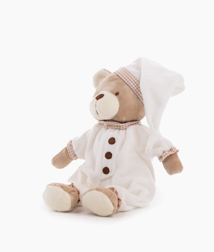 Beige and white Cuddle Bear plush in white hooded onesie with brown buttons and gingham trim