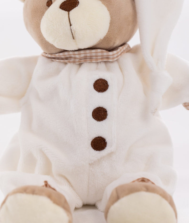 Front view of Cuddle Bear showing three brown button details and gingham collar trim