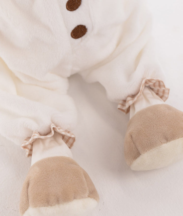 Cuddle Bear lower legs detail showing beige fur paws, cream soles, and gingham ruffle trim