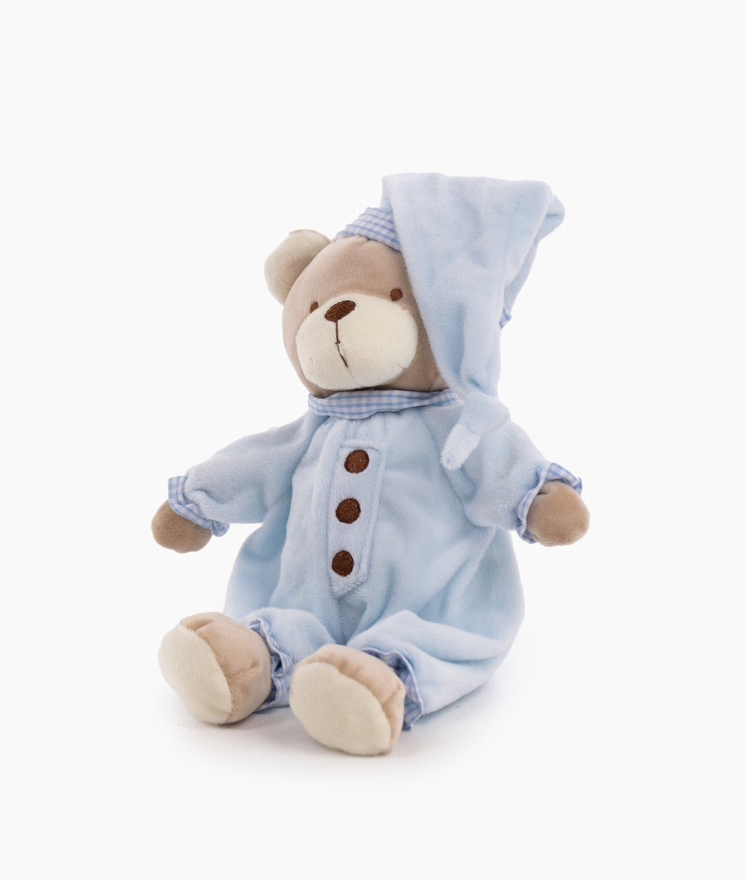 Blue Cuddle Bear plush toy in hooded onesie with gingham trim and brown buttons