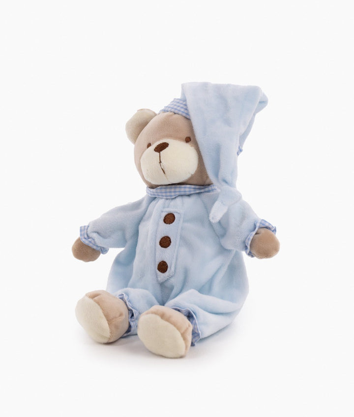 Blue Cuddle Bear plush toy in hooded onesie with gingham trim and brown buttons