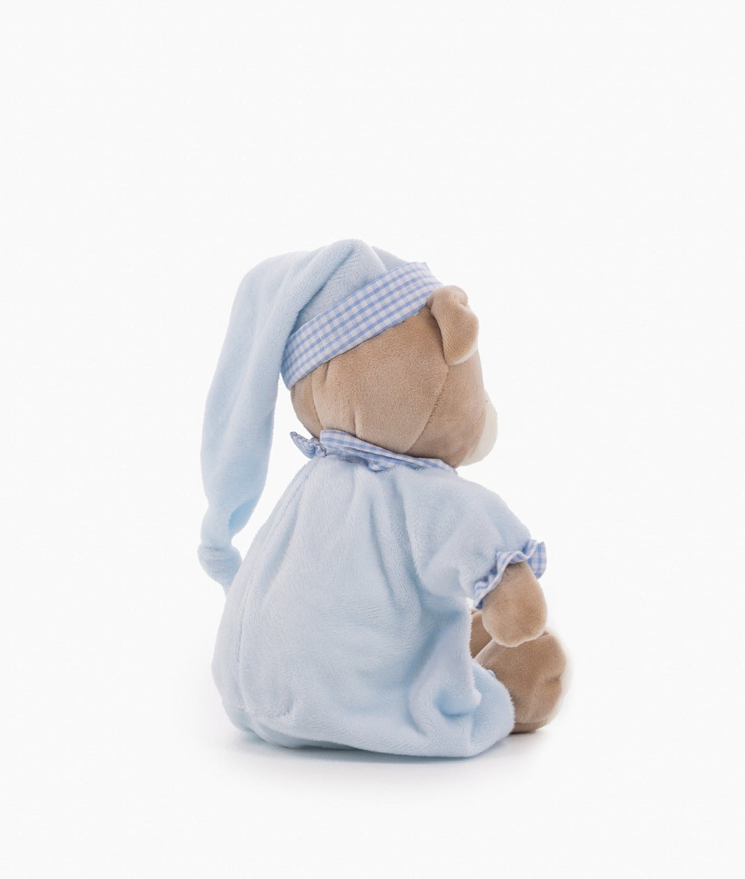 Back view of blue cuddle bear plush toy showing hooded onesie and ears