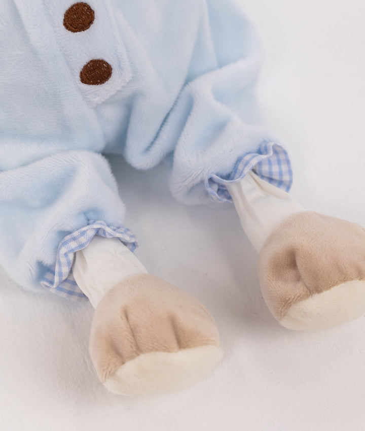 Close up of blue gingham ankle ruffles and tan plush paws on bear feet