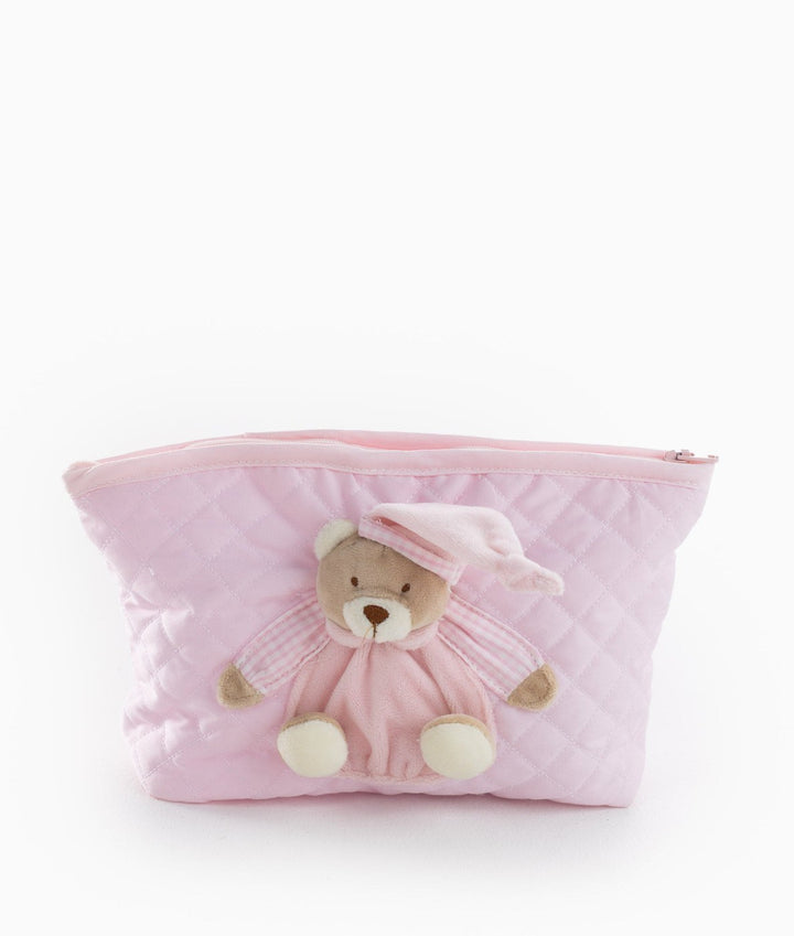 Closed pink nappy bag with full diamond quilted pattern and bear design