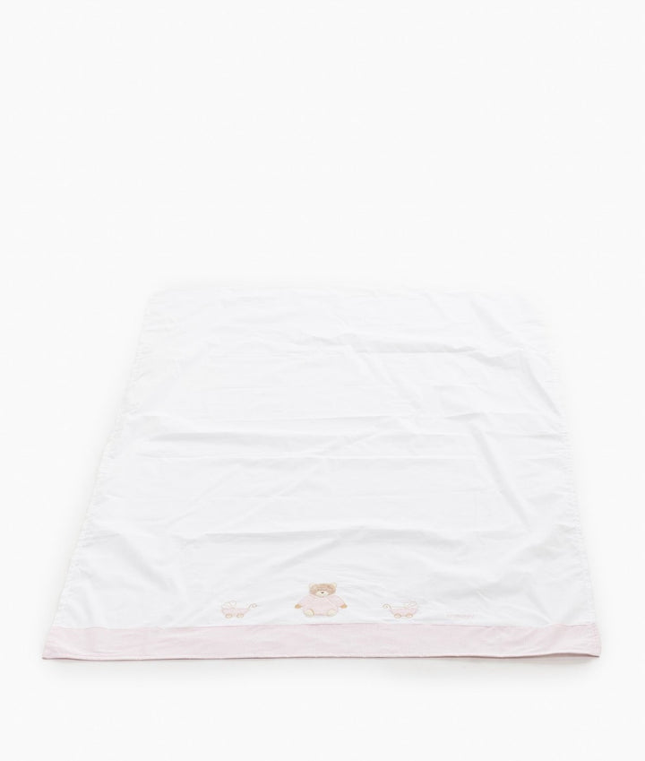 Pink gingham border flat sheet with teddy bear and pram print, 100% cotton nursery bedding