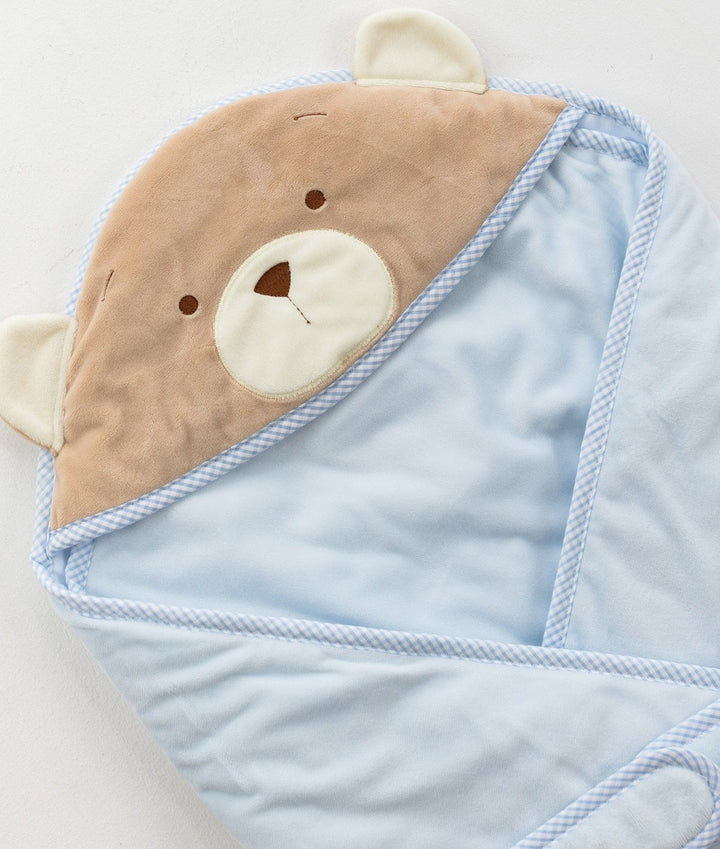 Soft hooded baby wrap in blue