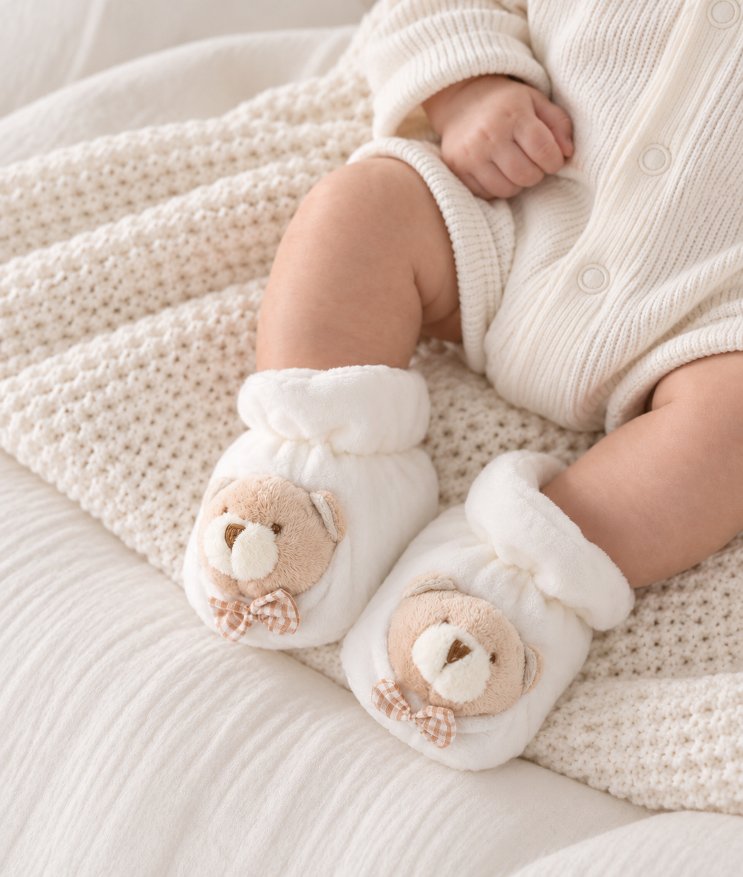 Bear Baby Booties | Beige & White