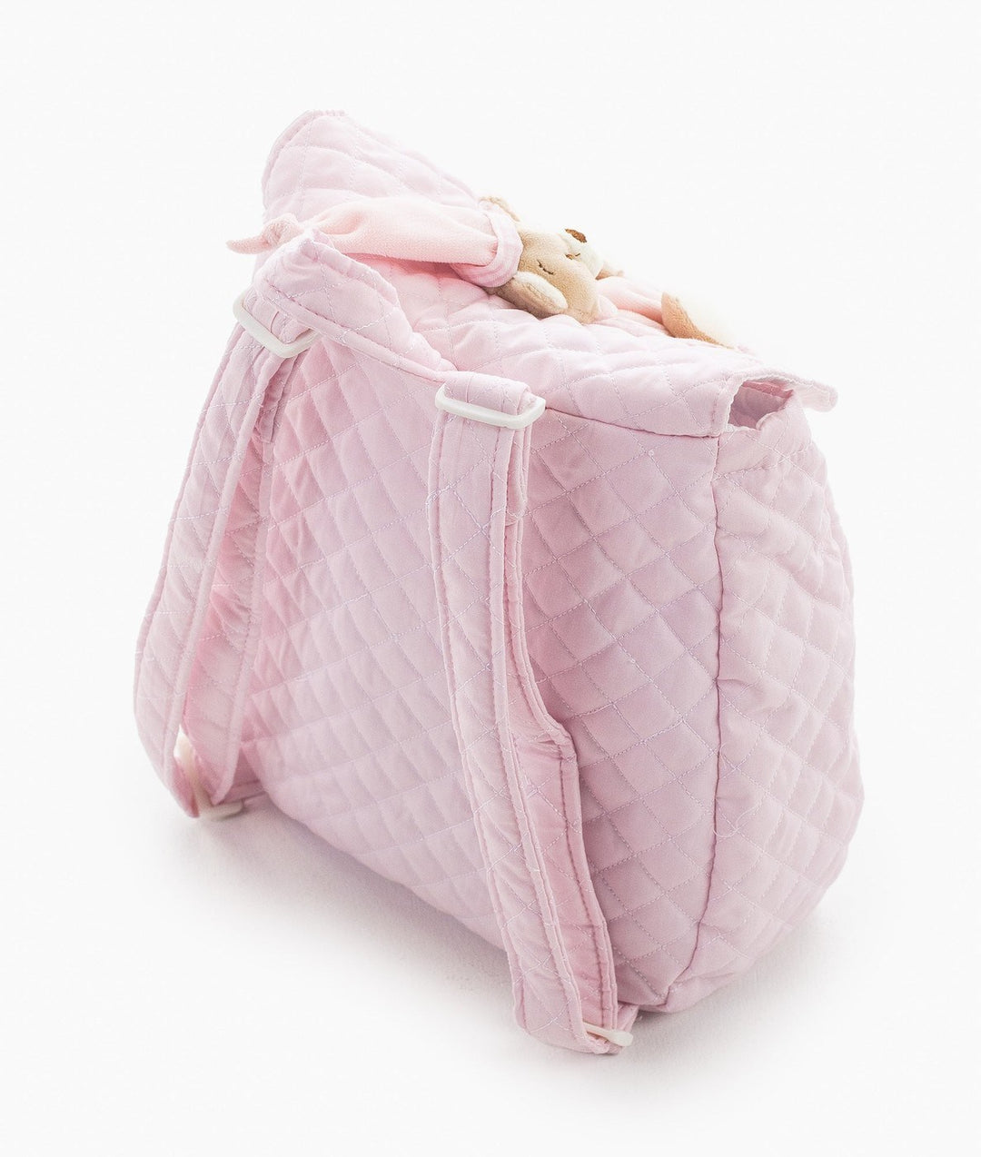 Pink backpack back view with adjustable straps and peeking bear head