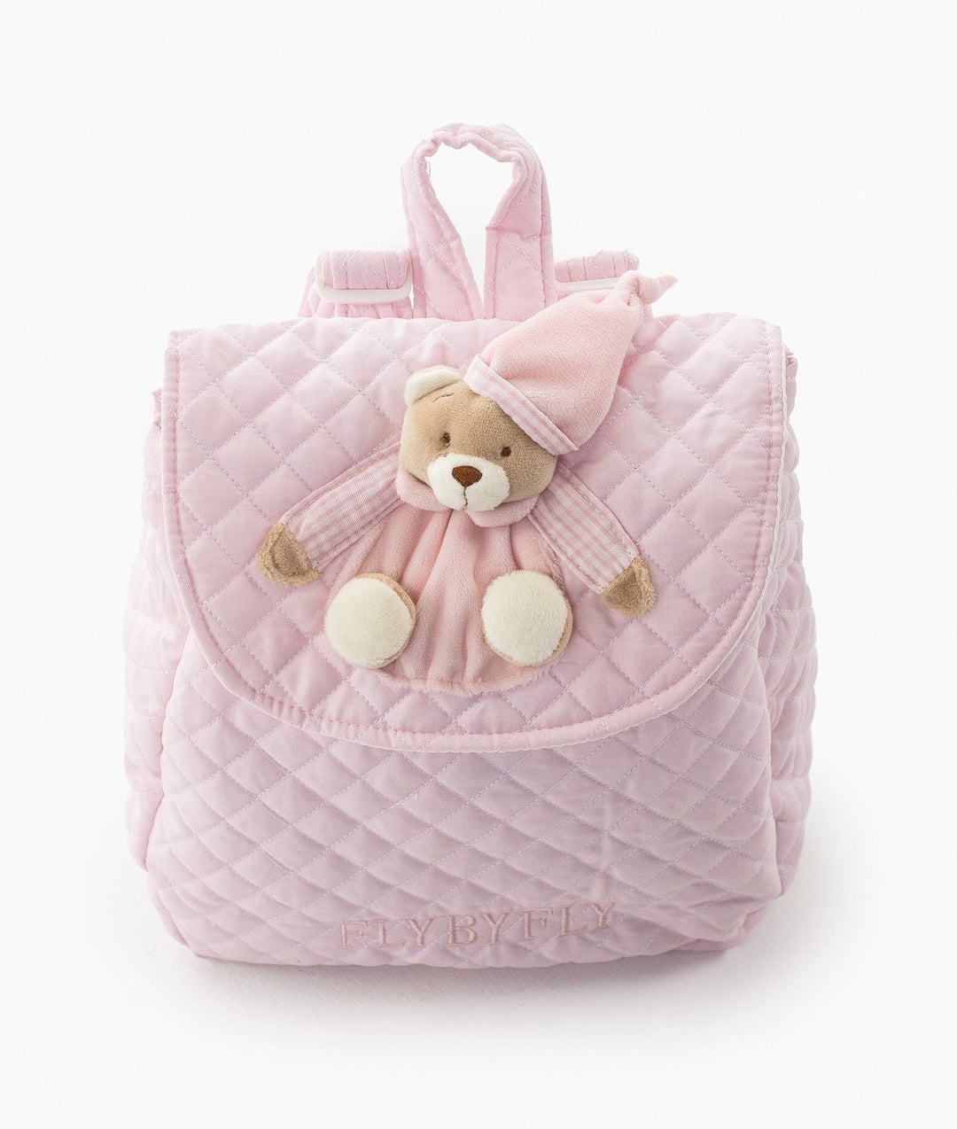 Pink quilted kids backpack with 3D bear applique and nightcap detail