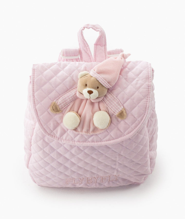 Pink quilted kids backpack with 3D bear applique and nightcap detail