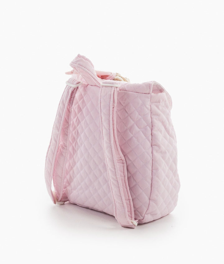 Back view of pink backpack with padded straps and diamond quilting