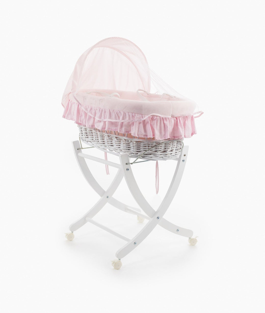 Pink ruffled gingham Moses basket with sheer canopy on white rocking stand