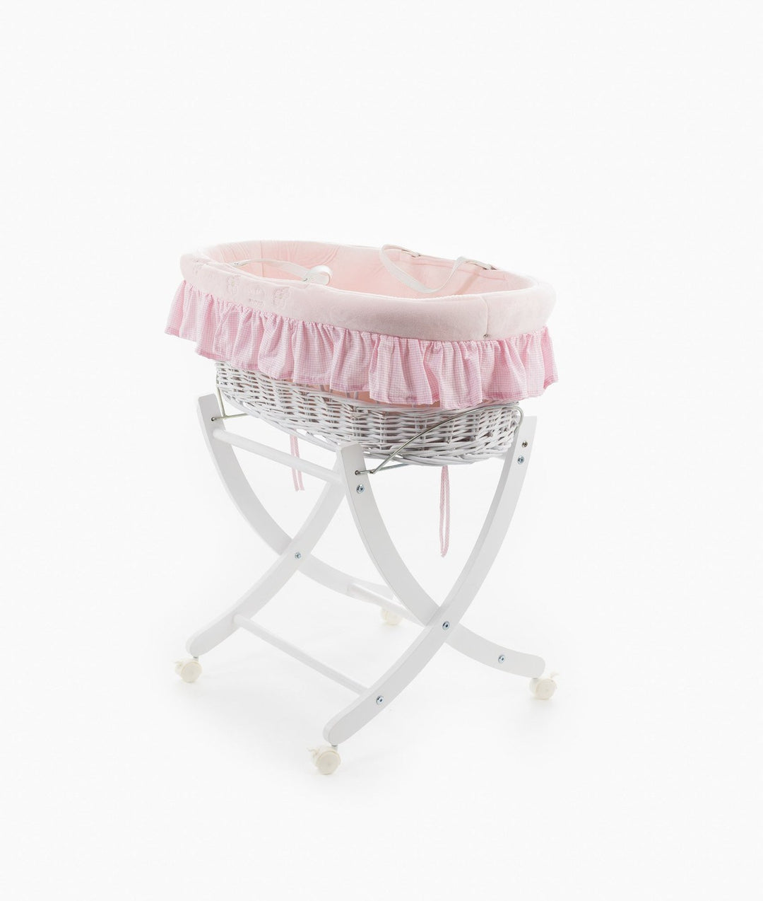 Pink lined wicker bassinet on white X-frame stand with caster wheels