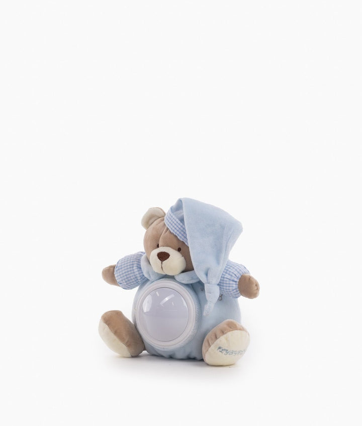 Blue plush teddy bear night light with gingham hat and belly diffuser