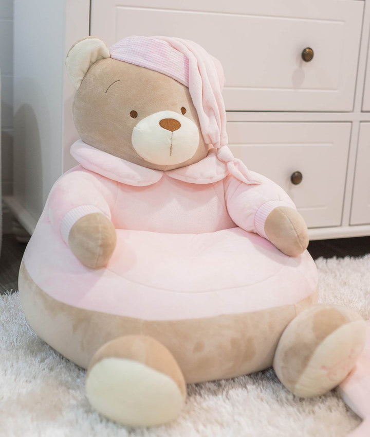 Light pink velvet bear-shaped floor seat cushion with gingham hood