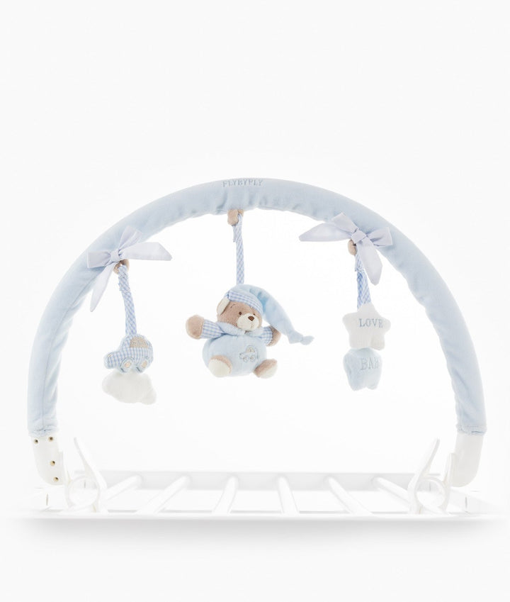 FLYBYFLY blue portable toy arch mounted on surface with central bear and cloud star charms