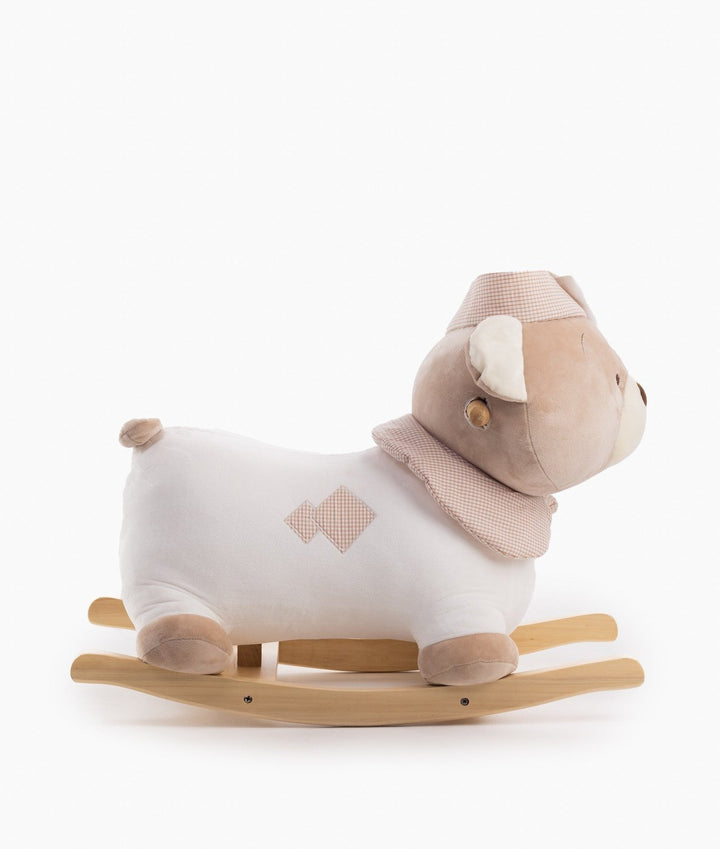 Side view of beige rocking bear with pink gingham patches and wood rails