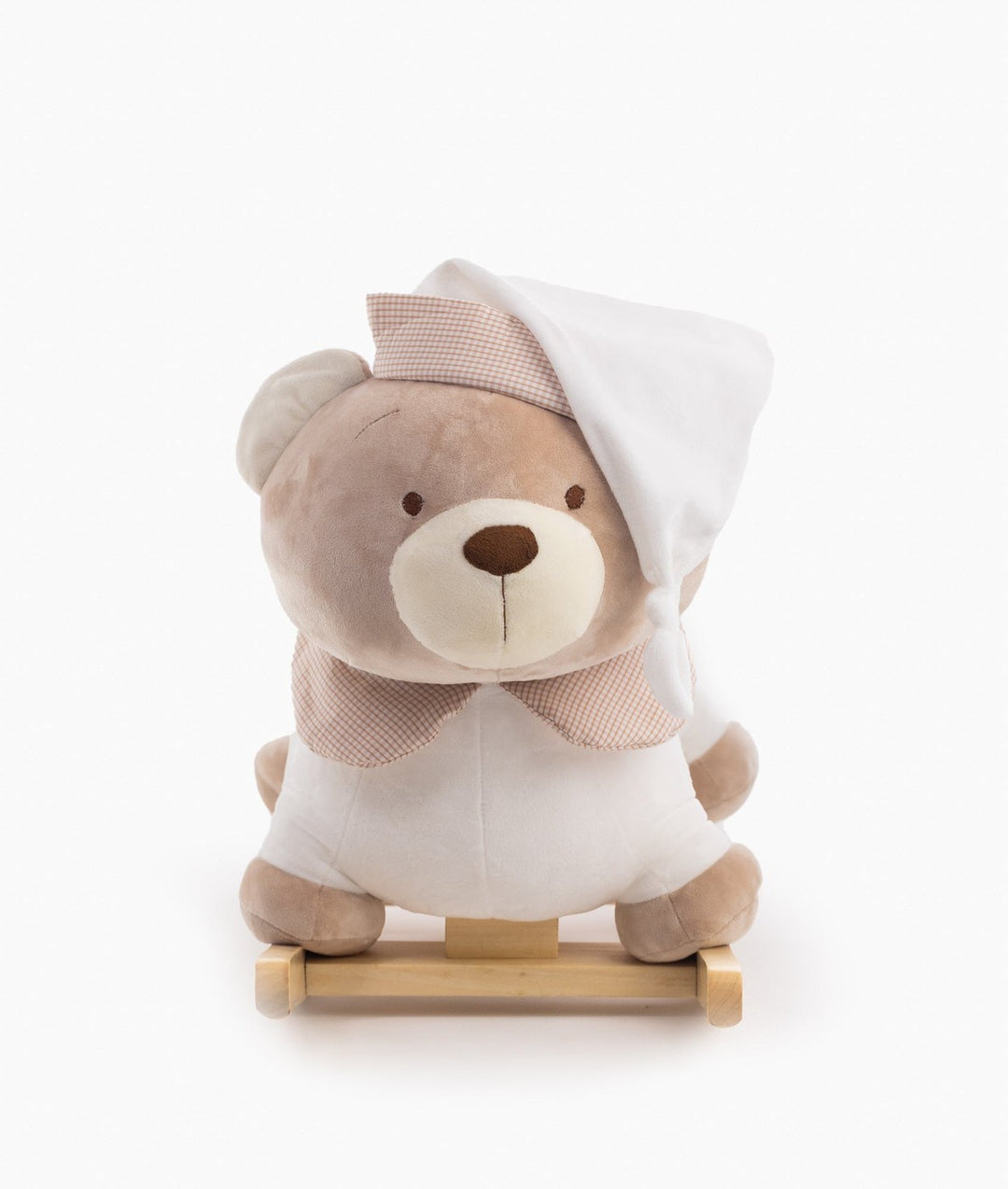 Beige and white rocking teddy bear with pink gingham bonnet on wooden base