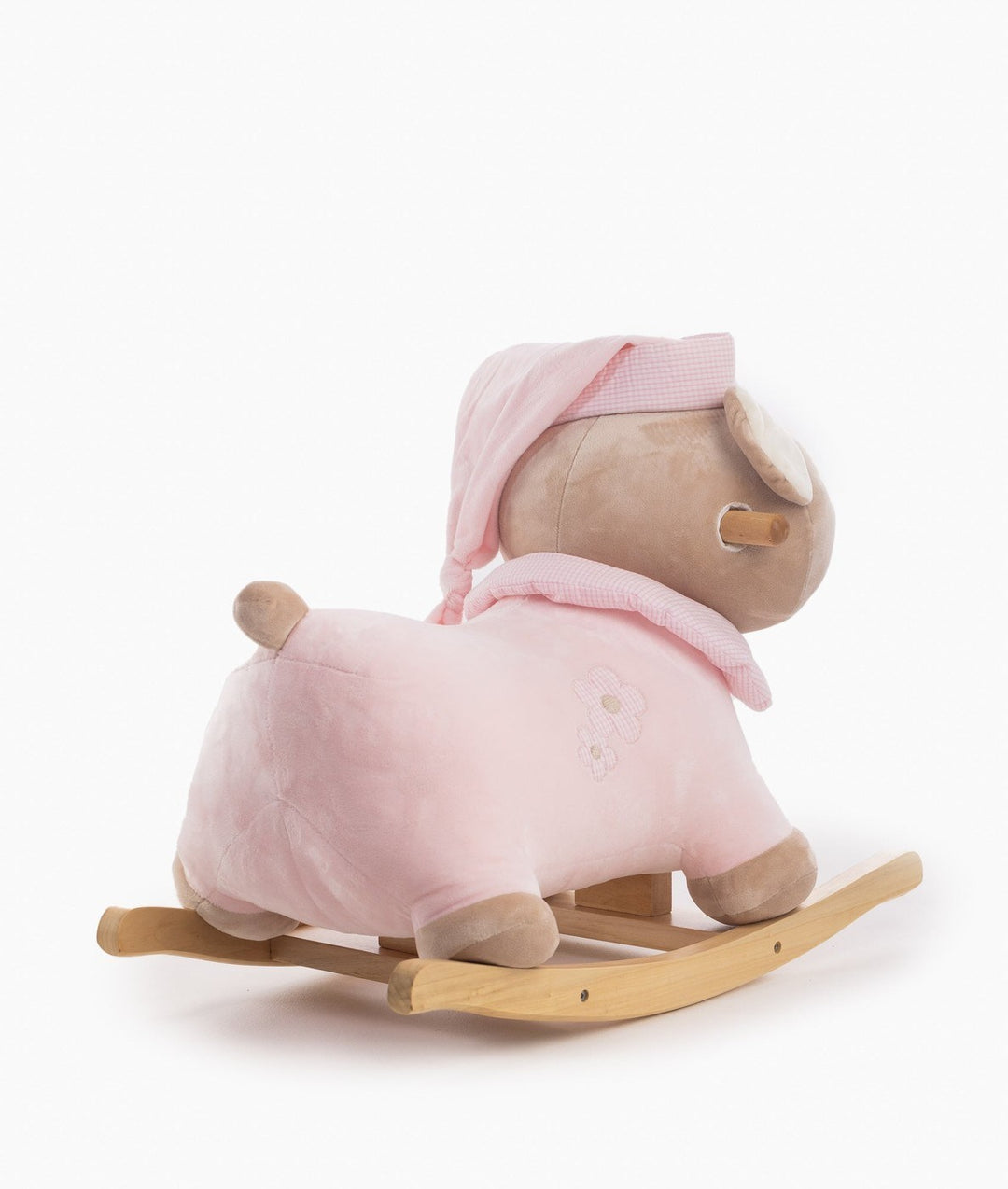 Rear view of pink rocking bear with wooden handle