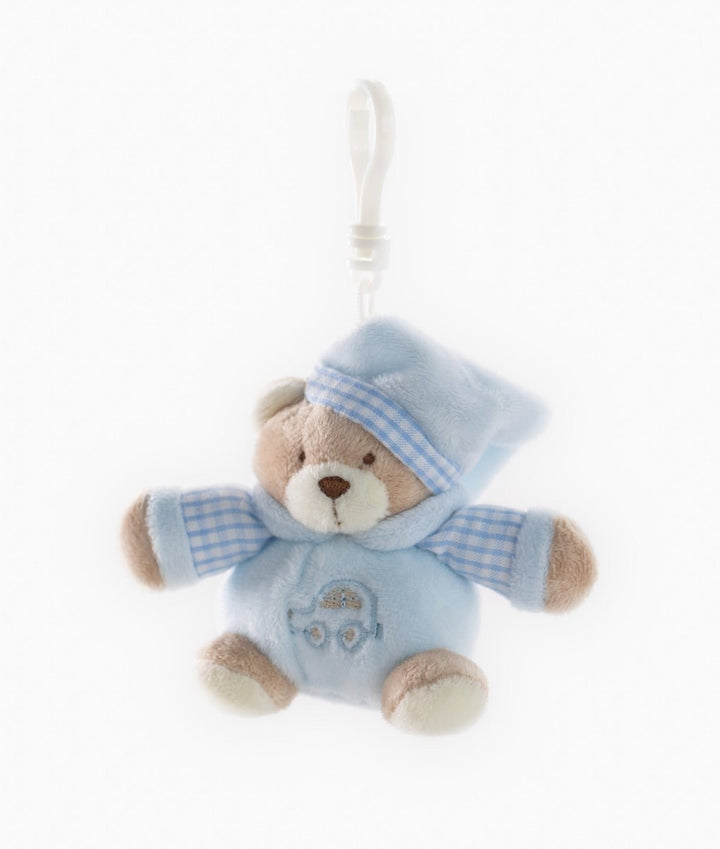 Light blue plush teddy bear keychain with gingham trim and pram embroidery