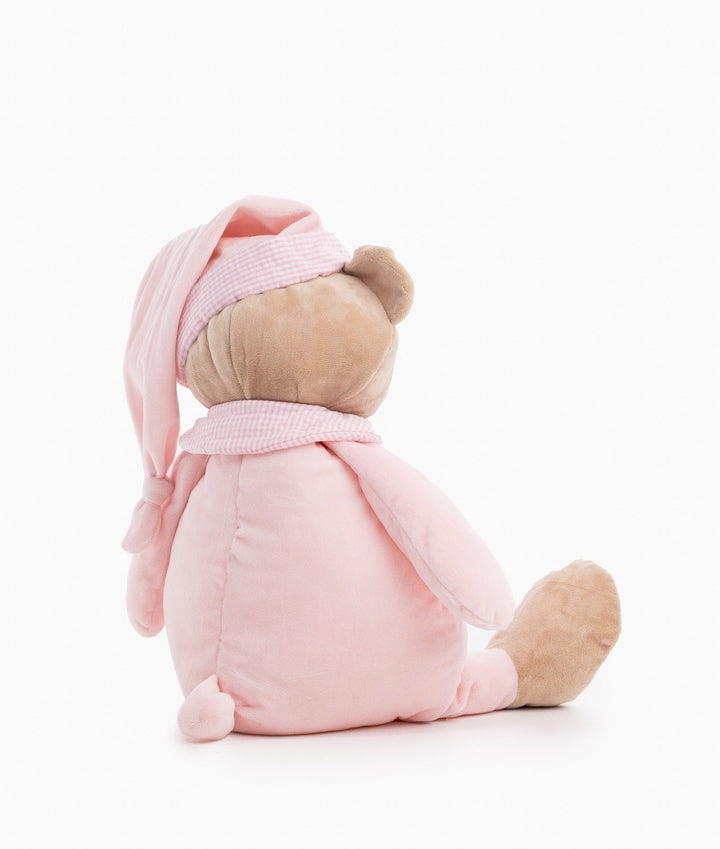 Back view of pink stuffed bear showing tail and neck trim