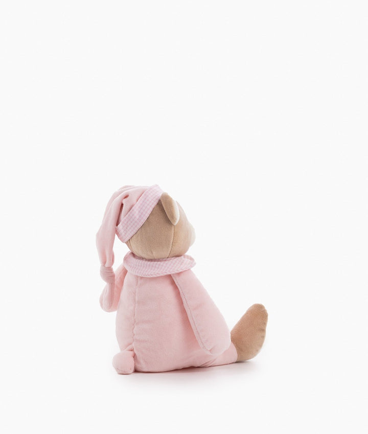 Back view of pink plush bear in hooded onesie with tan foot sole