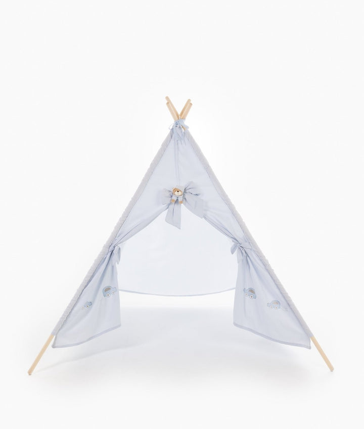 Assembled blue teepee with open flaps revealing rainbow and car designs